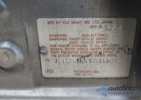 2007 Subaru Impreza 2.5I from USA, damaged, VIN JF1GD61697H516609